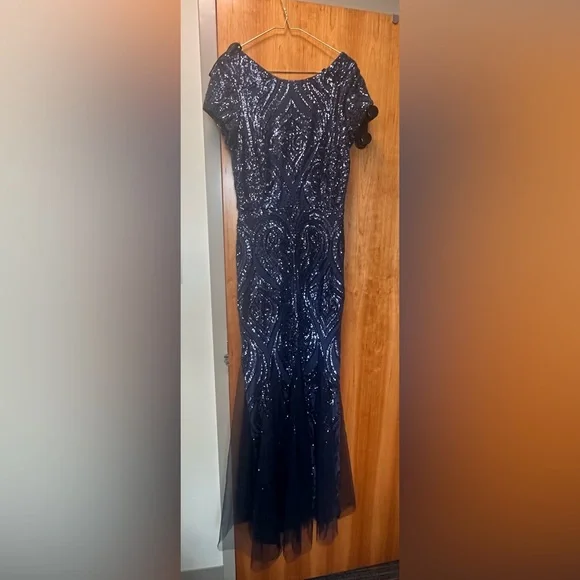 Betsy & Adam | Dresses | Betsy Adam Blue Sequin Maxi Gown With Crew Neck  And Short Sleeves Bnwt Sz 4 | Poshmark